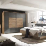 Ensemble chambre Armoire à portes coulissantes + Lit York Oak Flagstaff imitation gris foncé