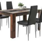 Table à manger Helene imitation vieux bois noir + 4 chaises noires